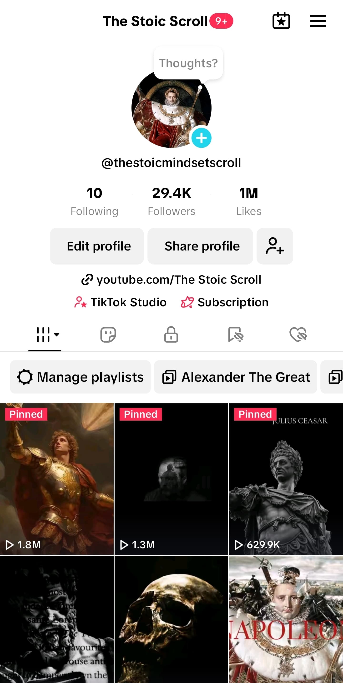 TikTok profile for The Stoic Scroll showing 29.4K followers and 1M likes